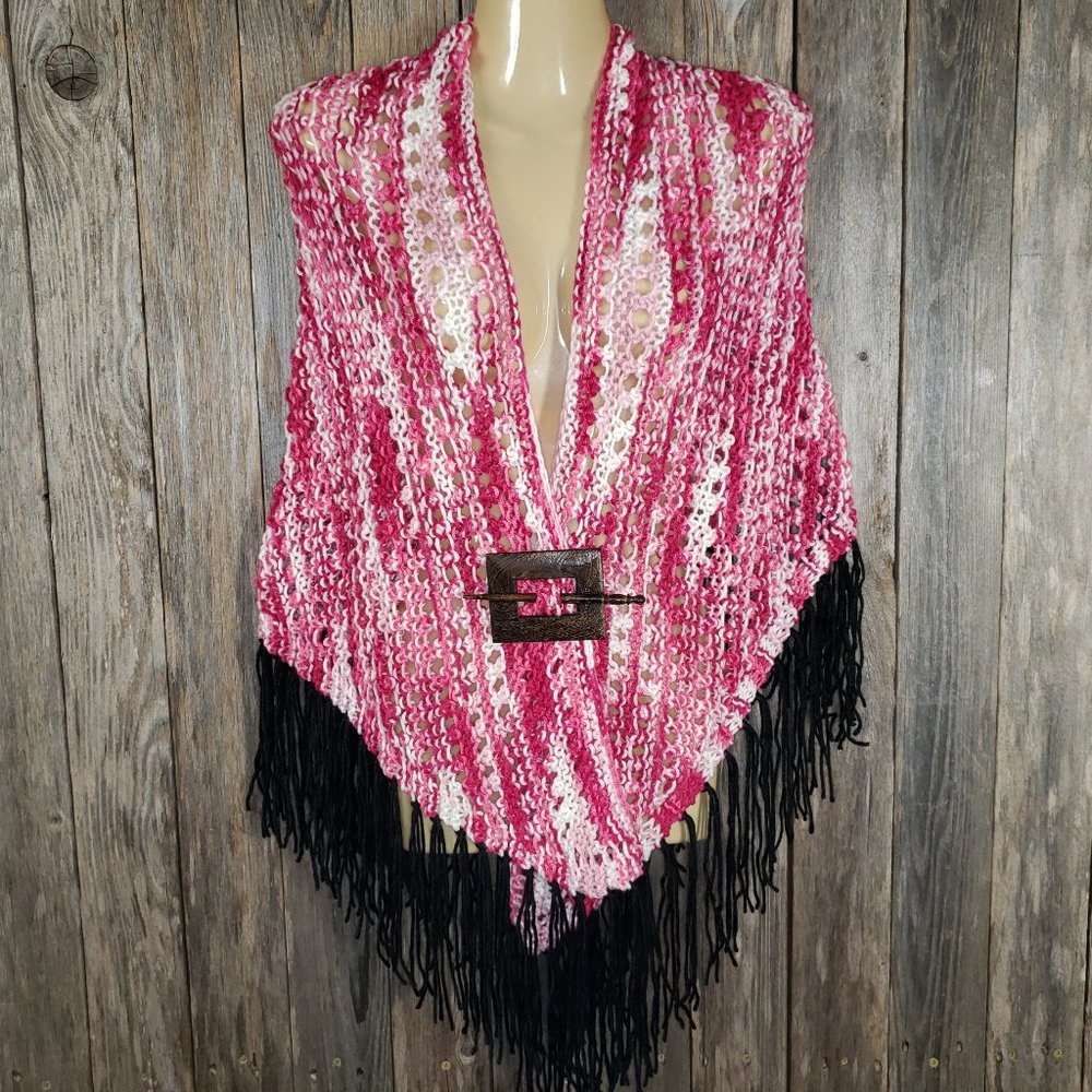 Pink White Hand Knit Shawl Wrap Scarf NEW